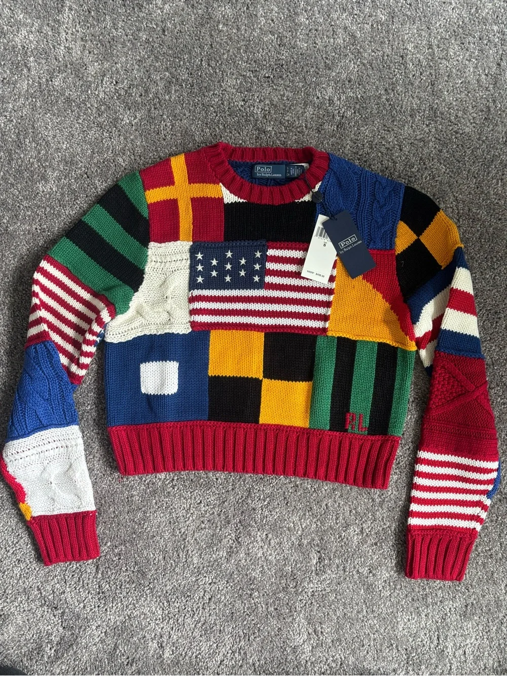 NWT Polo Ralph Lauren Flag Multicolor Patchwork Sweater Knit New - Picture 4 of 5
